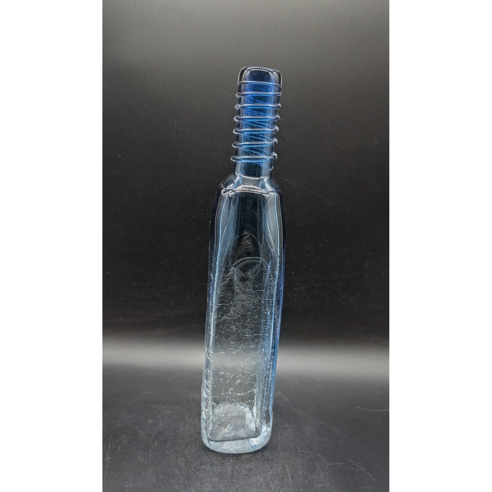 Signed JP Blue Crackle Studio Art Glass Bottle Vase Ribbed Neck 12.5"
